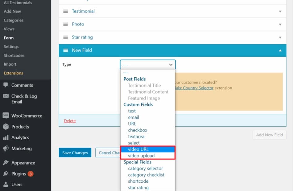 screenshot of custom fields in the strong testimonials plugin