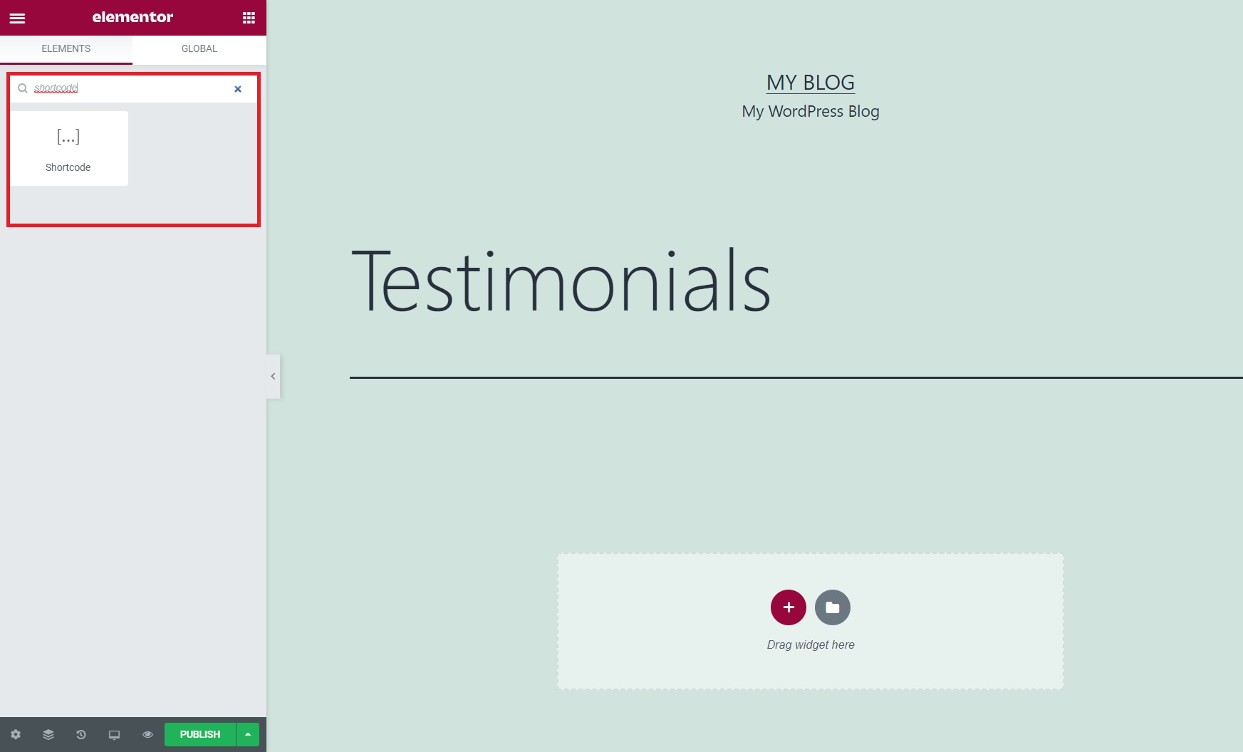 shortcode widget in elementor for adding testimonials