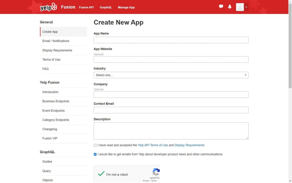 Yelp Create New App to import yelp reviews to wordpress