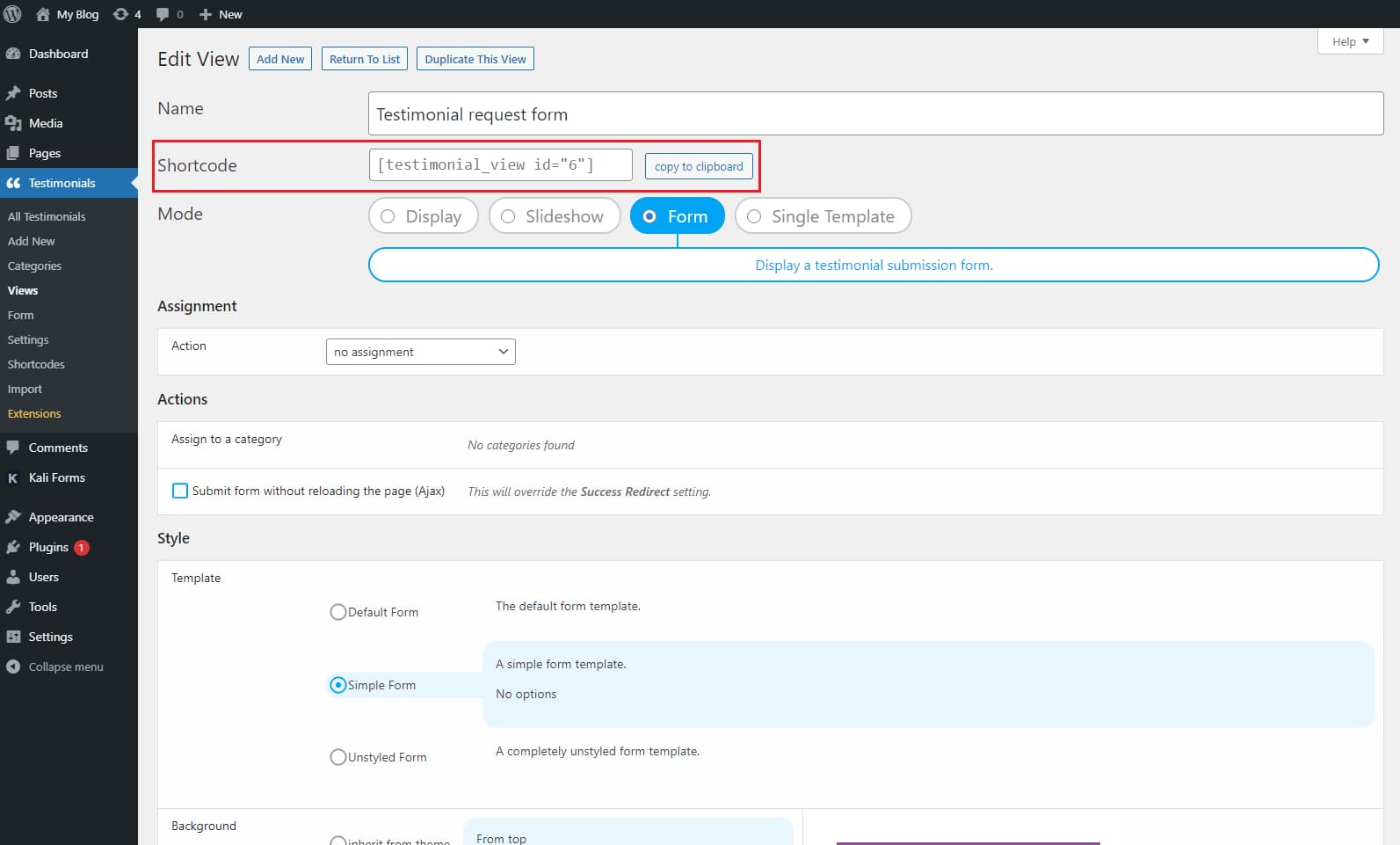 testimonial request form's shortcode