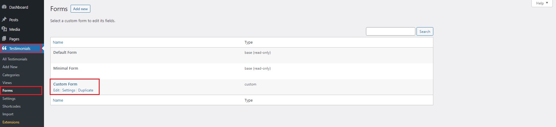 Custom forms settings