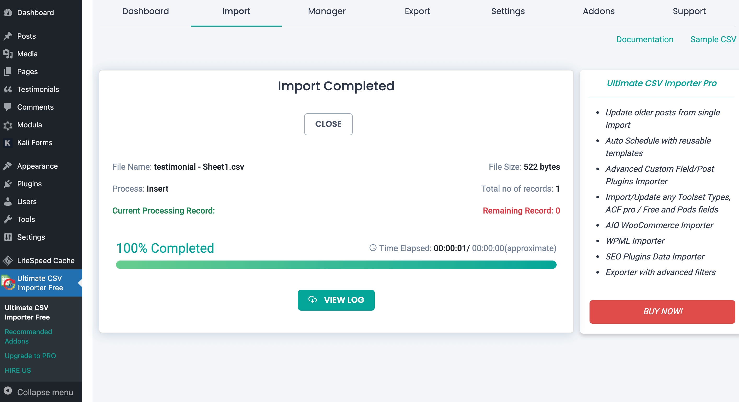 import testimonial from a CSV file