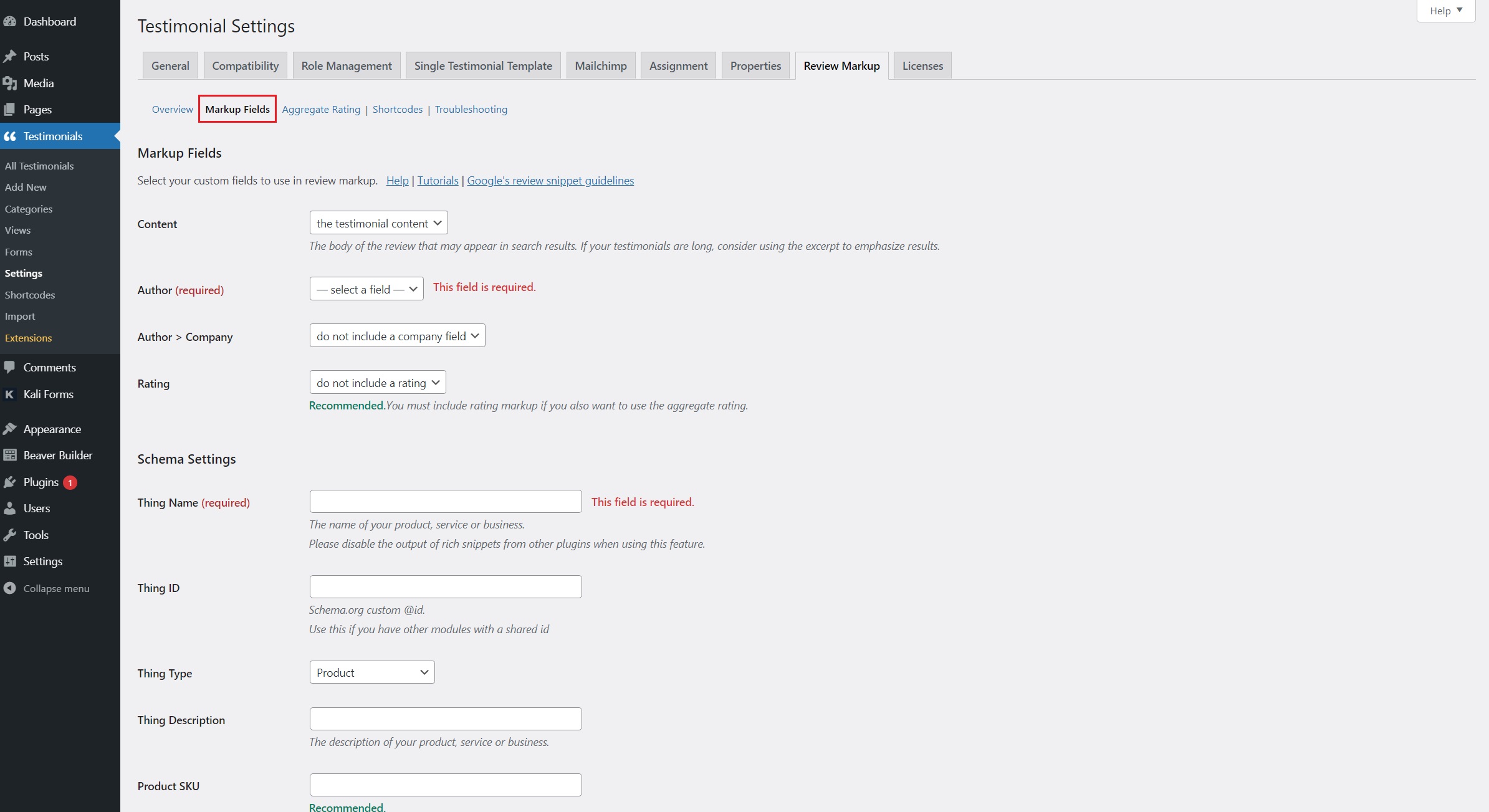 Markup fields settings