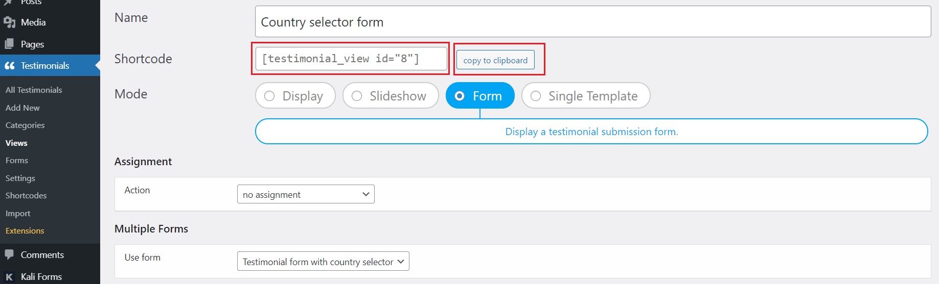 Country selector view shortcode location
