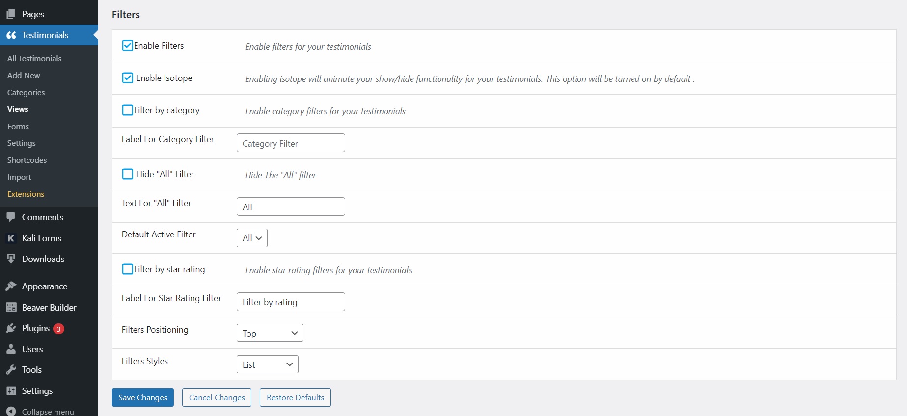 filters options