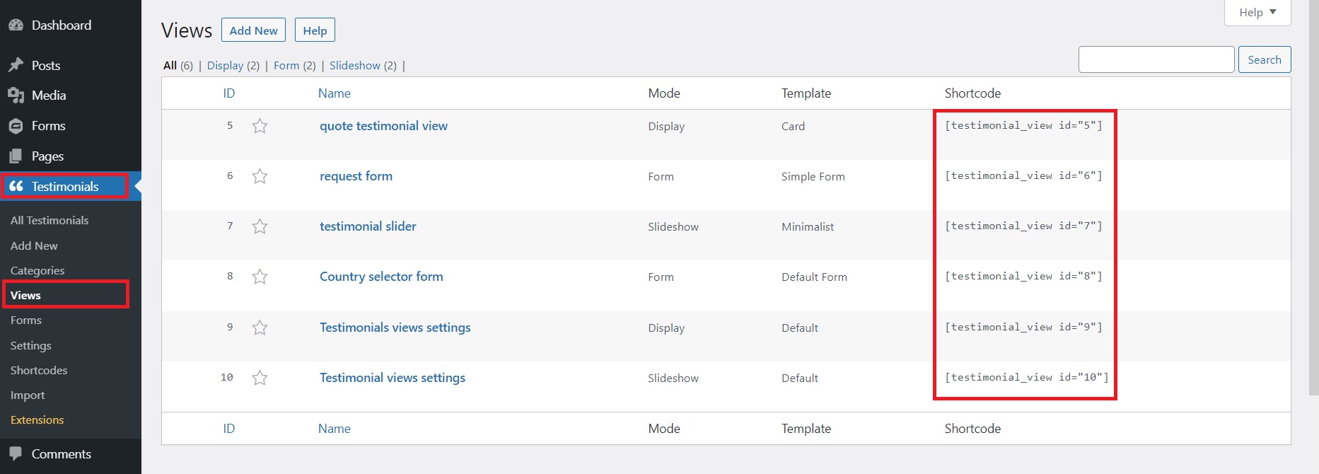 All shortcodes in Views - Strong Testimonials