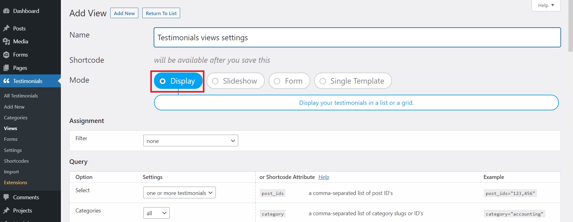 Display view settings in Strong Testimonials