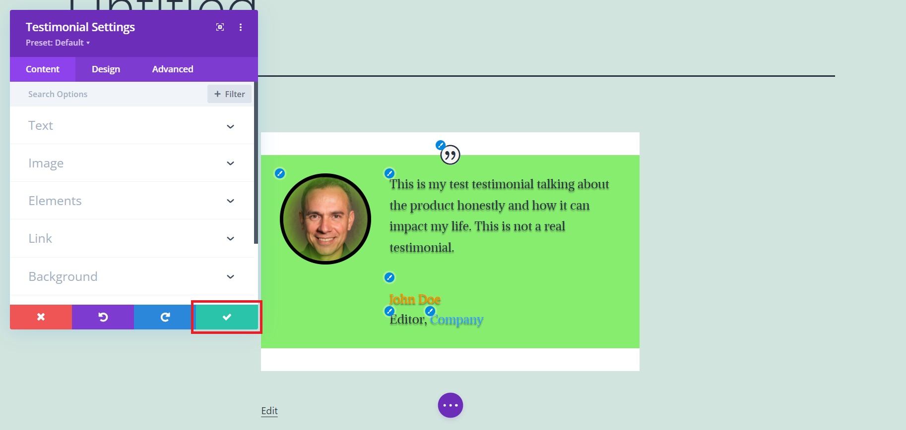 Divi testimonial module save changes button