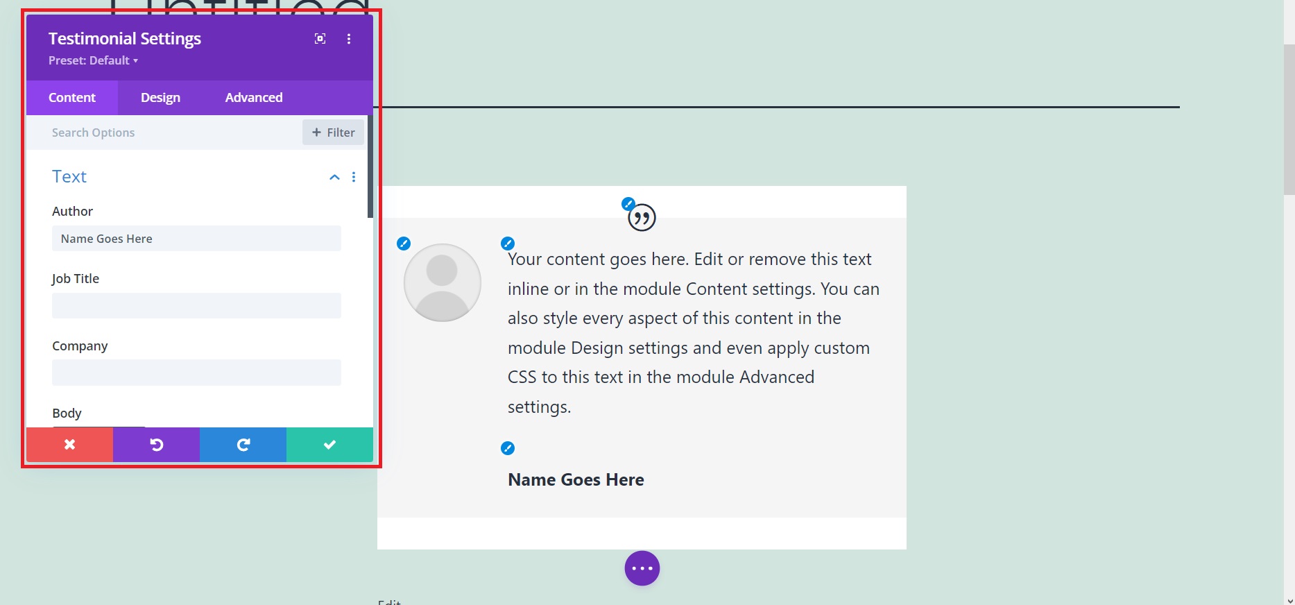 Divi testimonial module settings