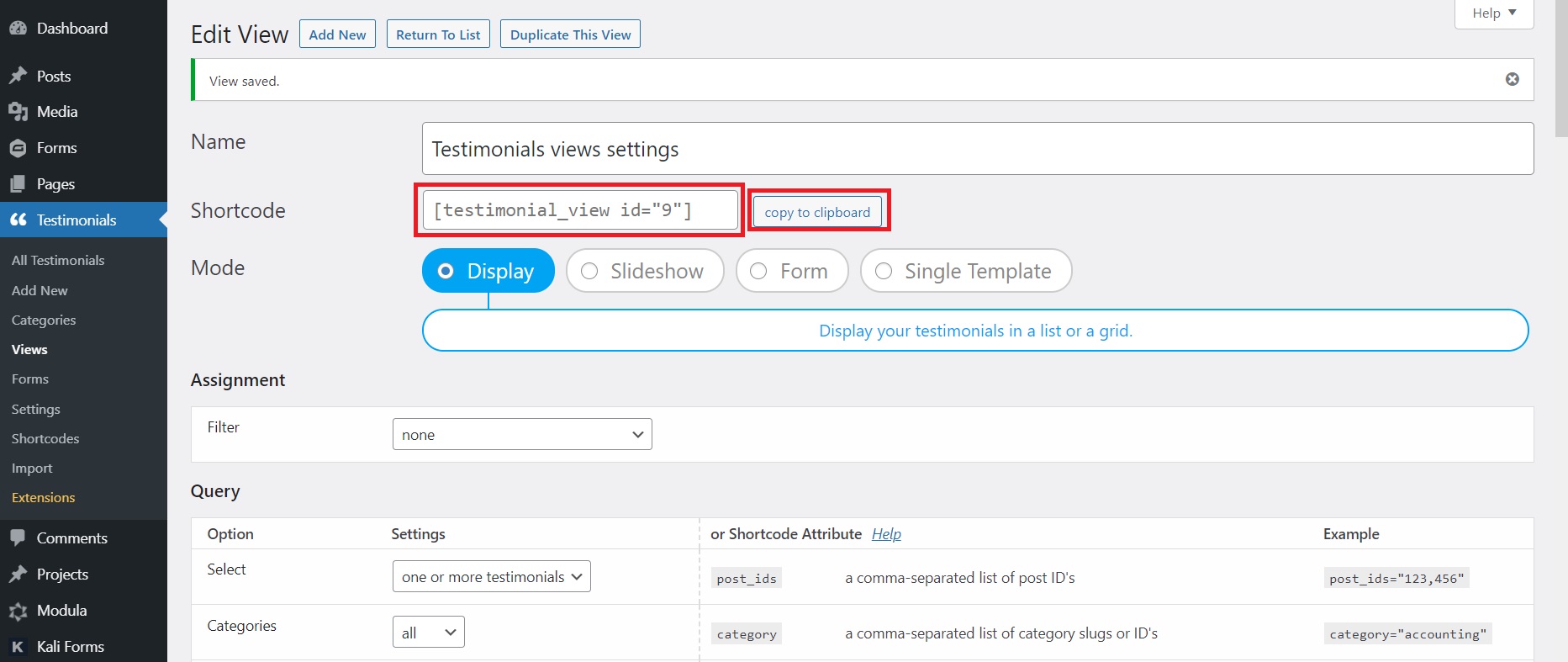 Strong Testimonials shortcode in Views