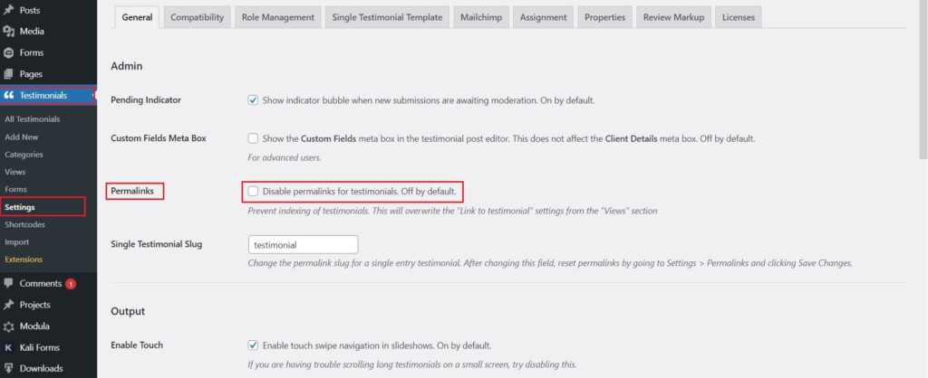 Disabled permalinks option for testimonials