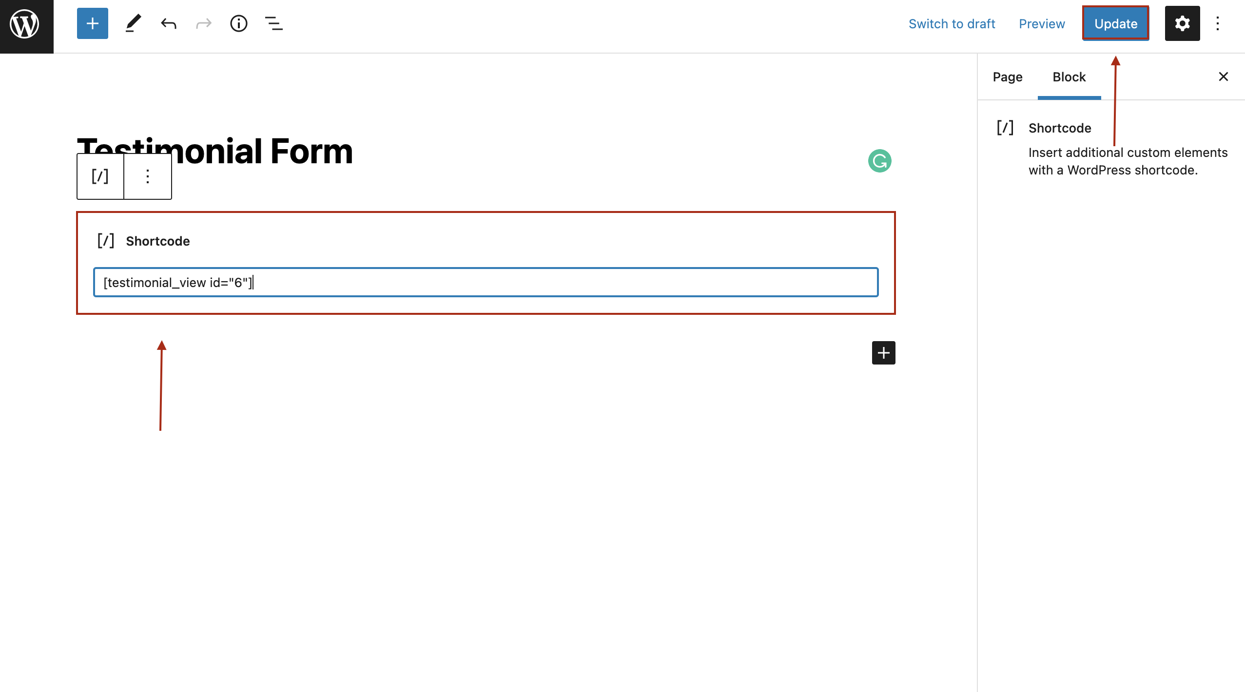 publish testimonial form shortcode
