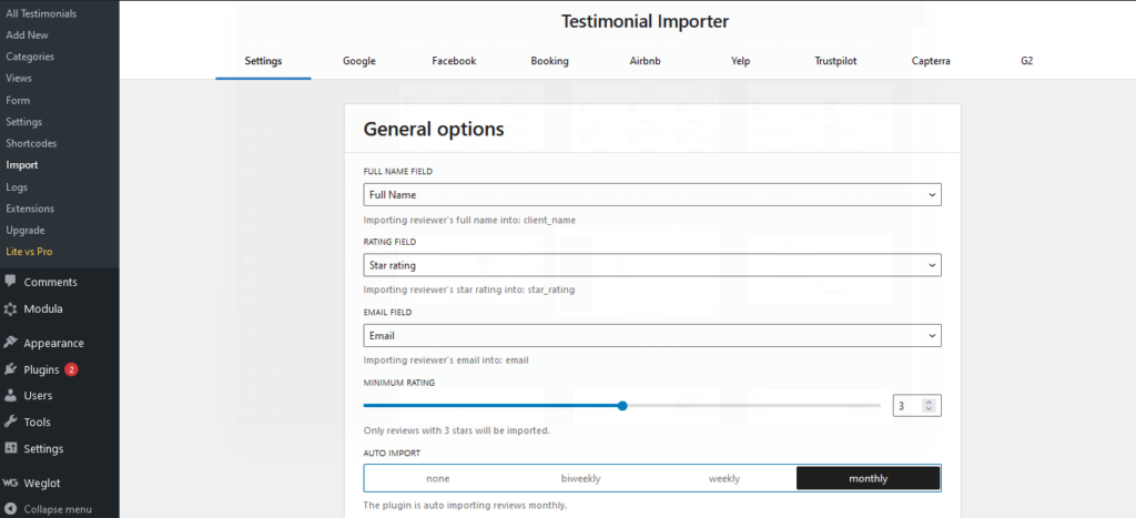 General options - Import settings