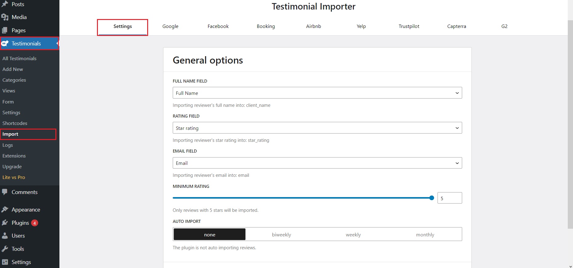 Importer general settings