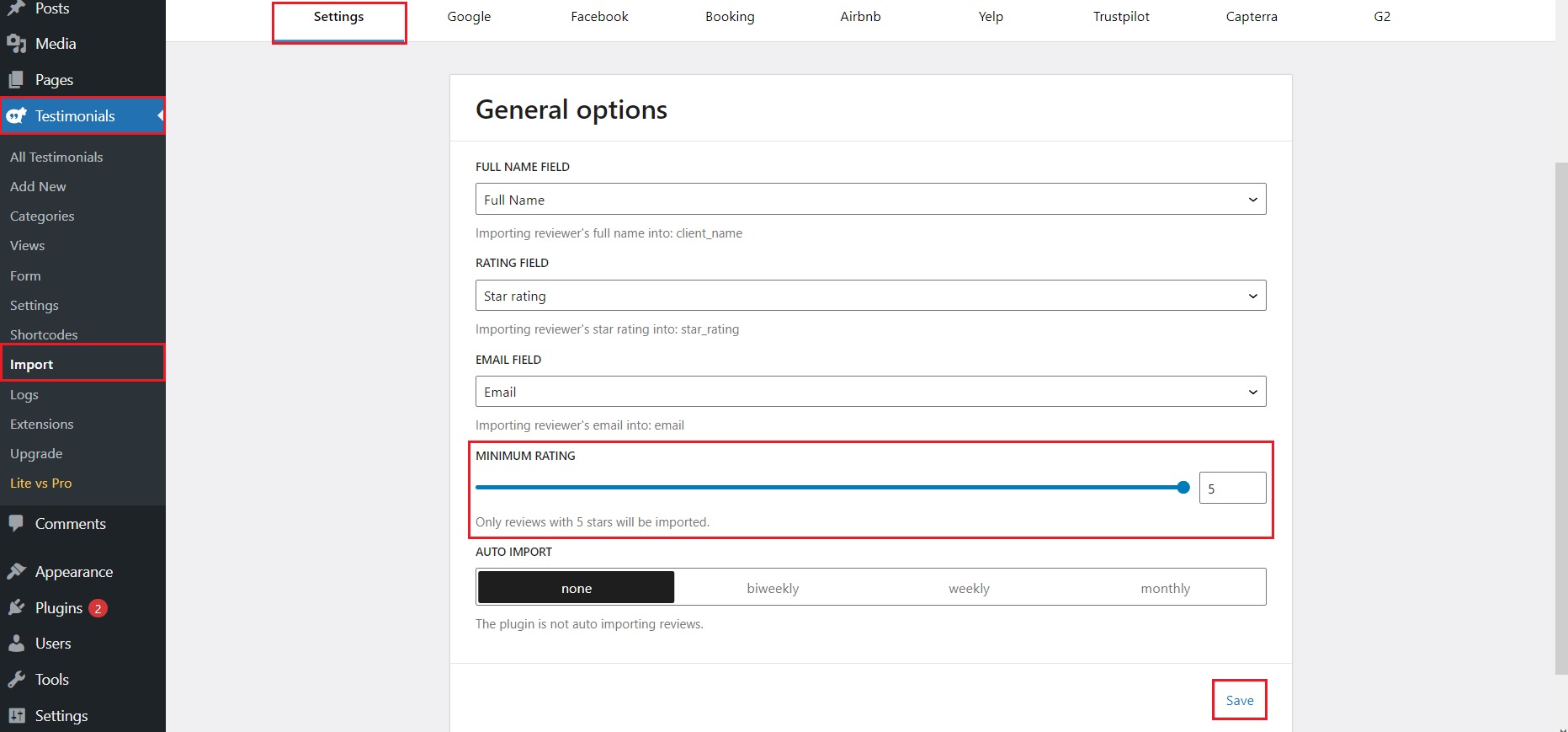 General settings for the testimonial importer extension