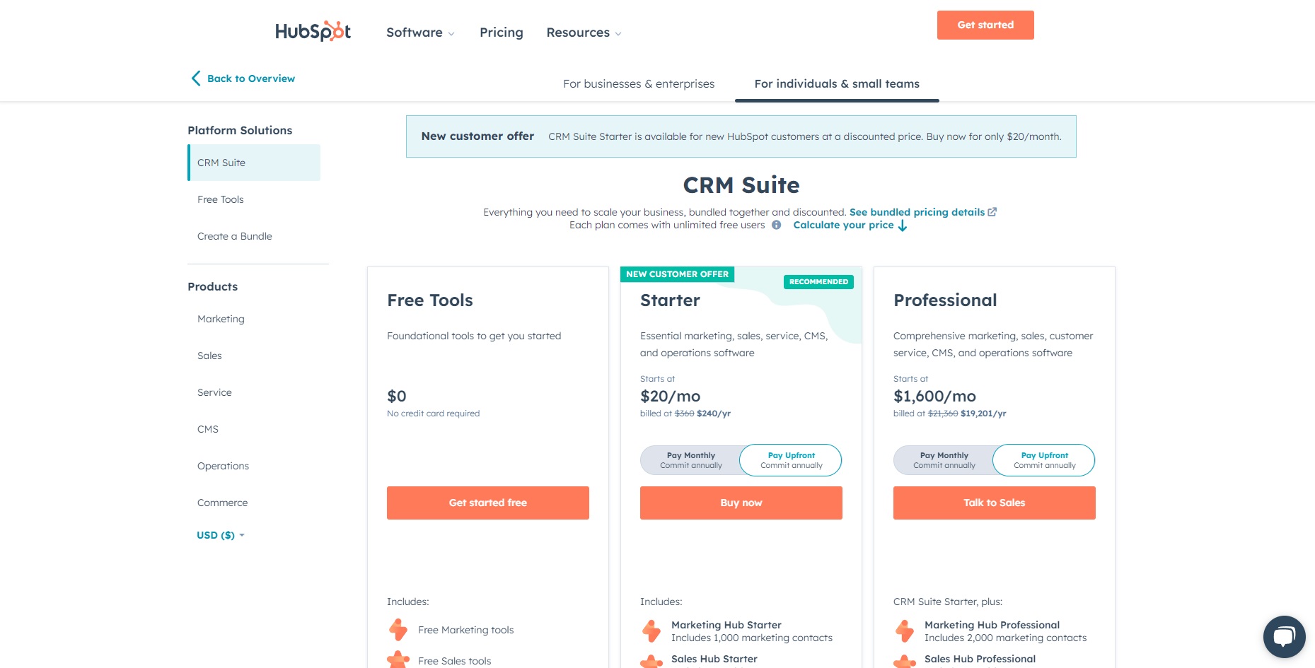 HubSpot pricing page